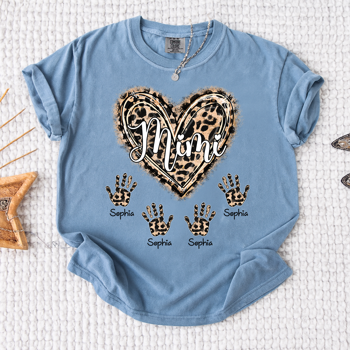 Comfort Colors Mimi Leopard Heart Shirt, Custom Handprint T Shirt with Grandkids Names, Unique Gift for Mimi, Personalized Family Shirt