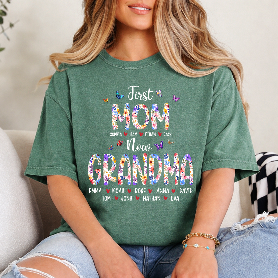 First Mom I Love Grandma Shirt, Personalized Grandma T-Shirt with Custom Family Names