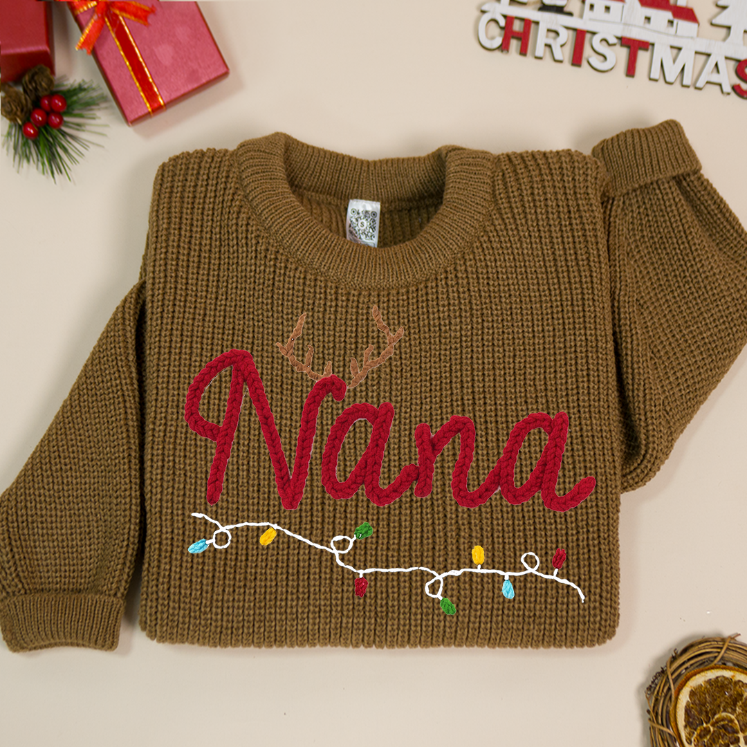 Personalized Nana Hand-Embroidered Sweater, Cozy Christmas Knit Pullover, Unique Holiday Gift for Grandmas and Family