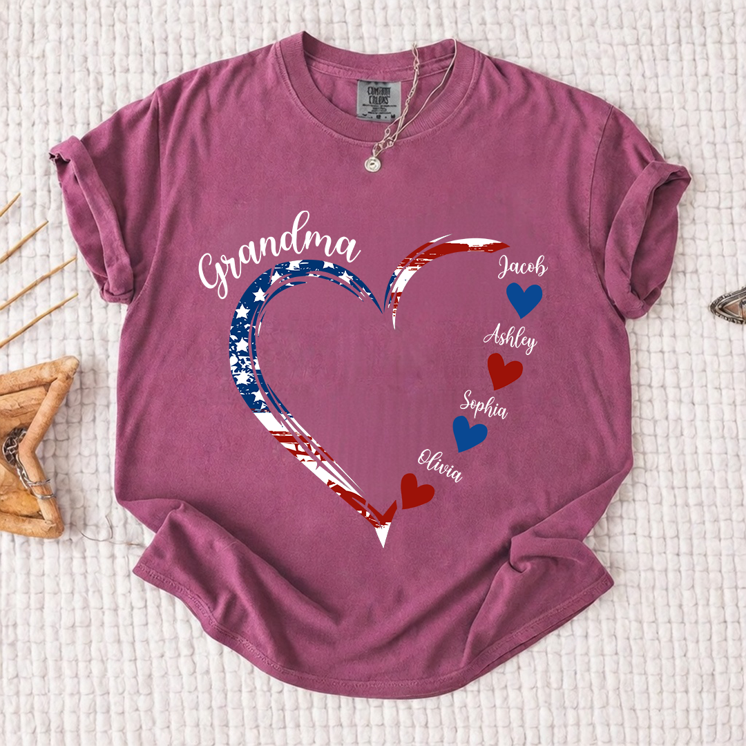 Comfort Colors Personalized Grandma Heart Shirt with Grandkids Names - Custom American Flag Heart Tee - Gift for Nana, Mimi, Gigi