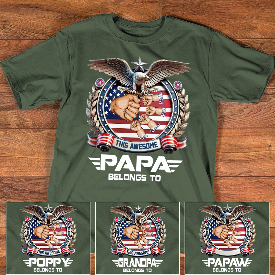 Personalized Papa Shirt This Awesome Papa Belongs To, Custom Kids Names Patriotic Eagle T-Shirt