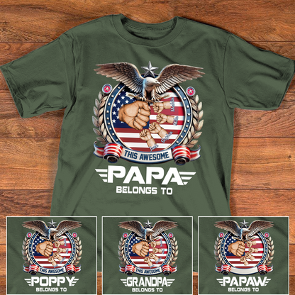 Personalized Papa Shirt This Awesome Papa Belongs To, Custom Kids Names Patriotic Eagle T-Shirt