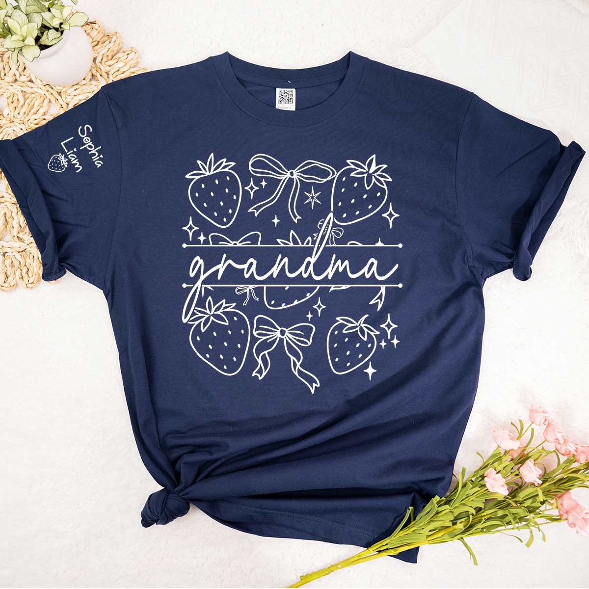 Custom Grandma Tee with Children’s Names, Strawberry Bow Shirt, Perfect Gift for Mom Nana Holidays