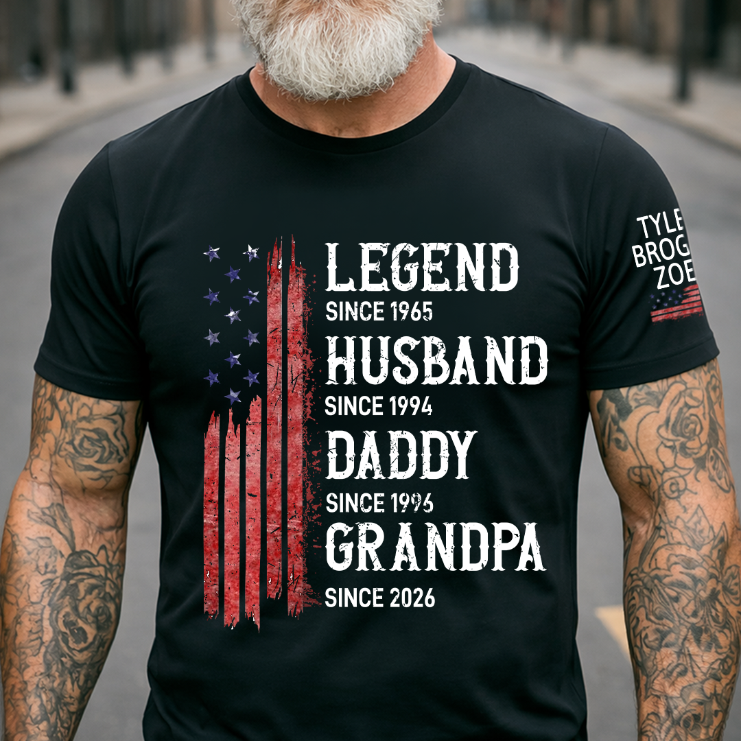 Personalized American Flag Printed T-Shirt For Husband, Father, Grandfather, With Custom Names Of Grandchildren