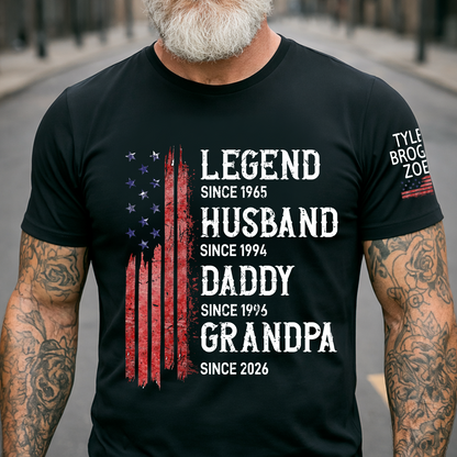 Personalized American Flag Printed T-Shirt For Husband, Father, Grandfather, With Custom Names Of Grandchildren