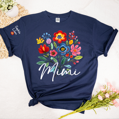 Personalized MimiI Floral T Shirt, Custom Family Names with Vibrant Flower Design, Perfect Gift for Mimi Cinco de mayo