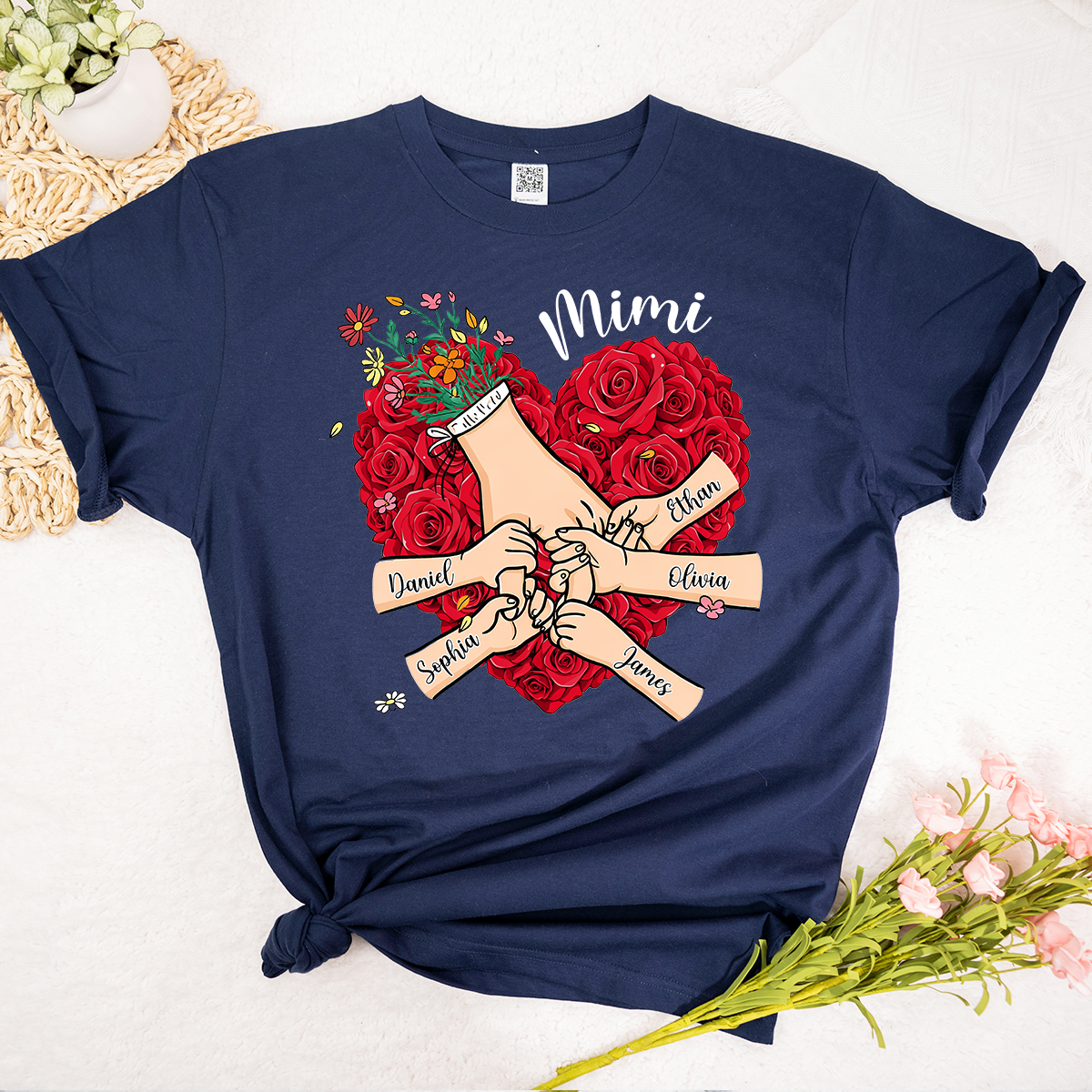 Mimi Heart Shirt, Custom Floral Handprint Family Shirt, Personalized Grandkids Names Tee, Special Gift for Mimi