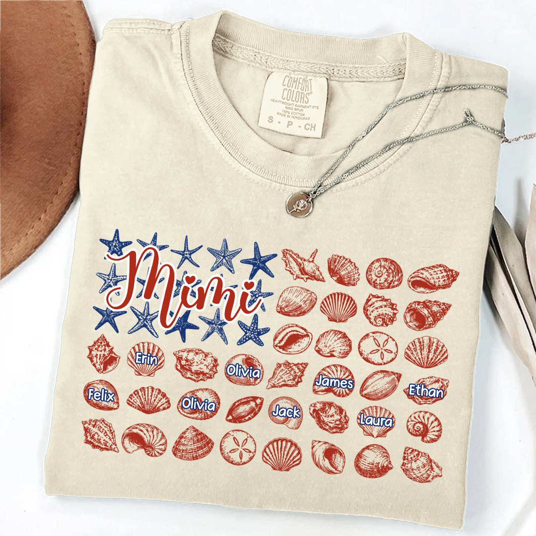 Comfort Colors Custom Mimi Shirt with Kids Names, Personalized Beach Shells Grandma Tee, Summer Family Vacation Gift for Grandmother