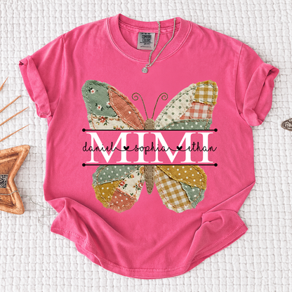 Comfort Mimi Butterfly Shirt, Custom Grandkids Names with Colorful Patchwork Butterfly Design