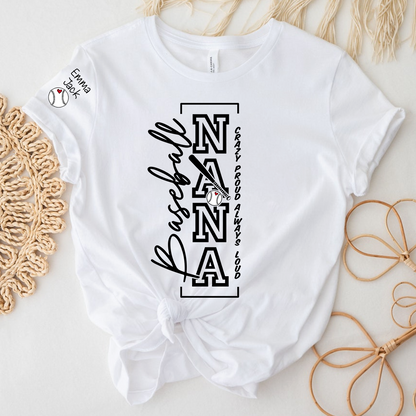 Baseball Nana T-Shirt, Custom Family Name Shirt with Modern Vertical Graphic