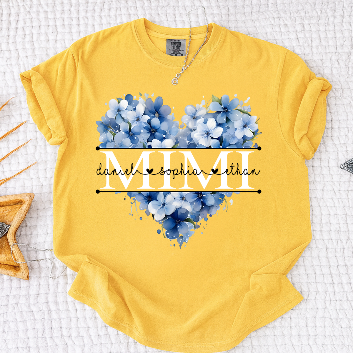 Comfort Colors Personalized Mimi Shirt with Blue Floral Heart Design, Custom Grandma Gift with Grandkids Name