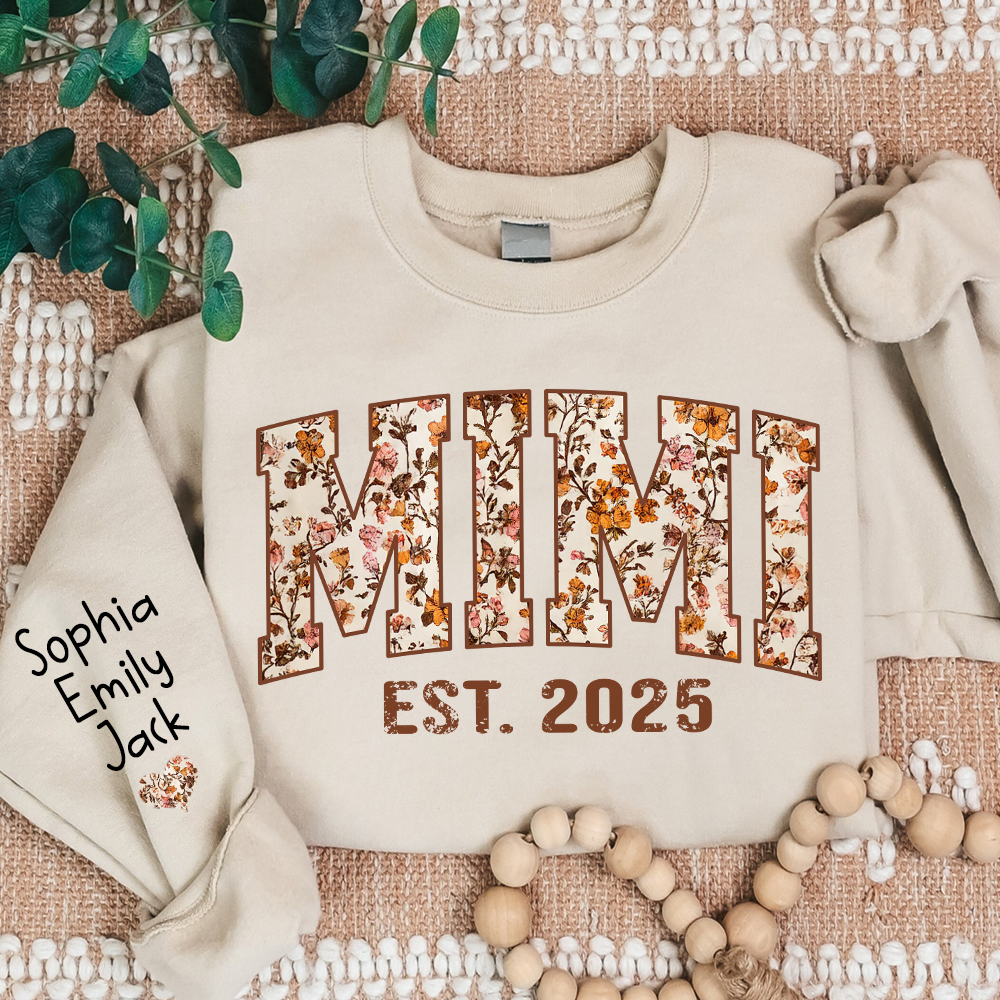 Personalized Fall Grandma, Fall Floral Sweatshirt with Name on Sleeve, Grandma Gift