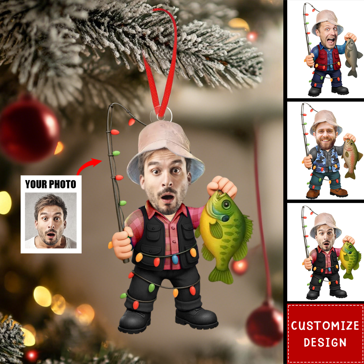 Personalized Fishing Ornament 2025 – Custom Face Photo Fisherman Ornament, Funny Christmas Gift for Fishermen & Outdoor Lovers