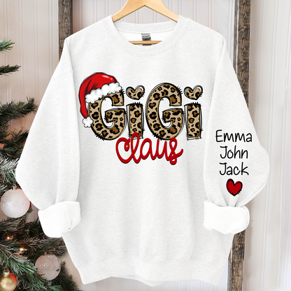 Personalized Gigi Claus Leopard Sweatshirt, Custom Grandma and Grandkids Sweatshirt