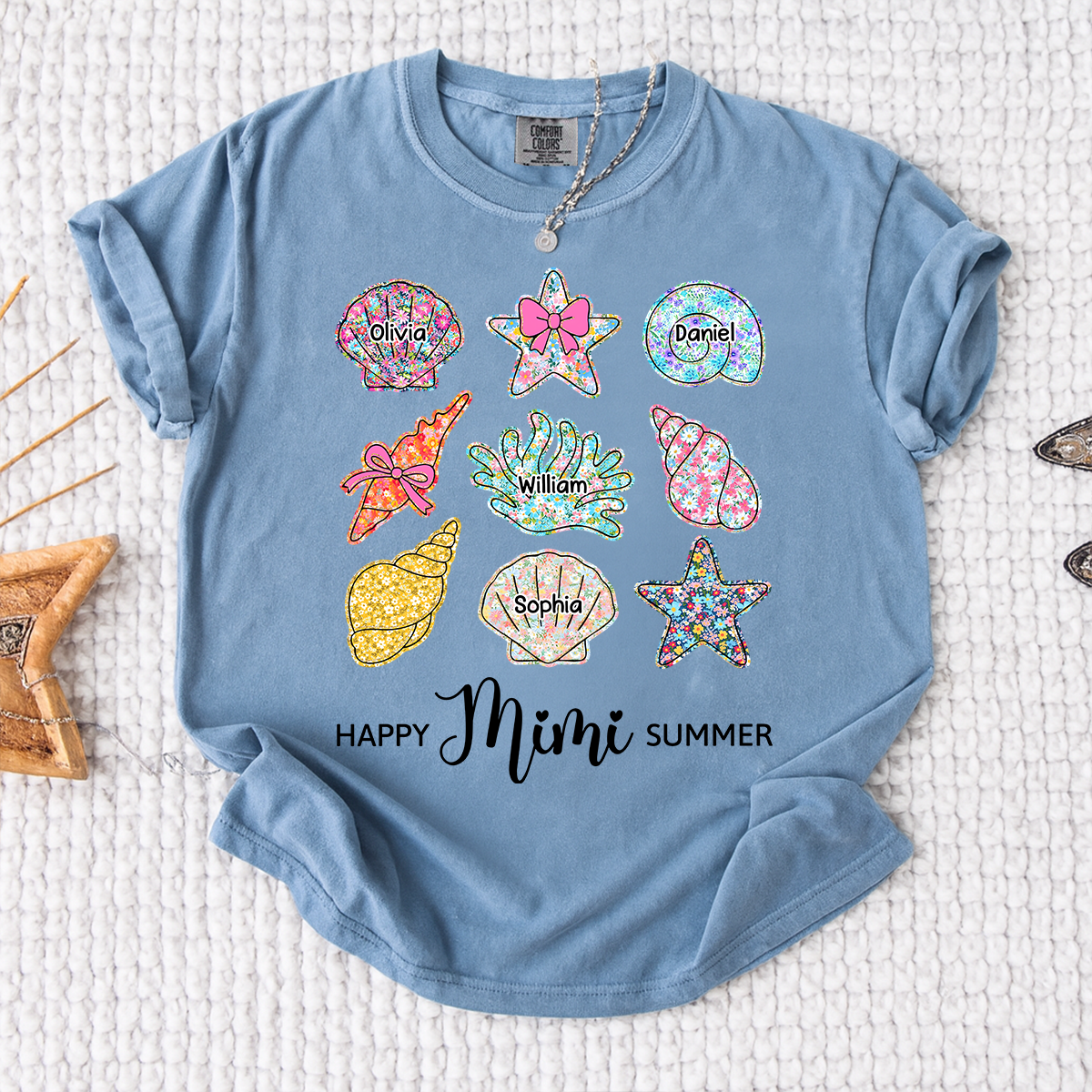 Comfort Colors Personalized Mimi Summer Beach Shirt with Grandkids Names, Custom Grandma Seashell Starfish T Shirt for Women