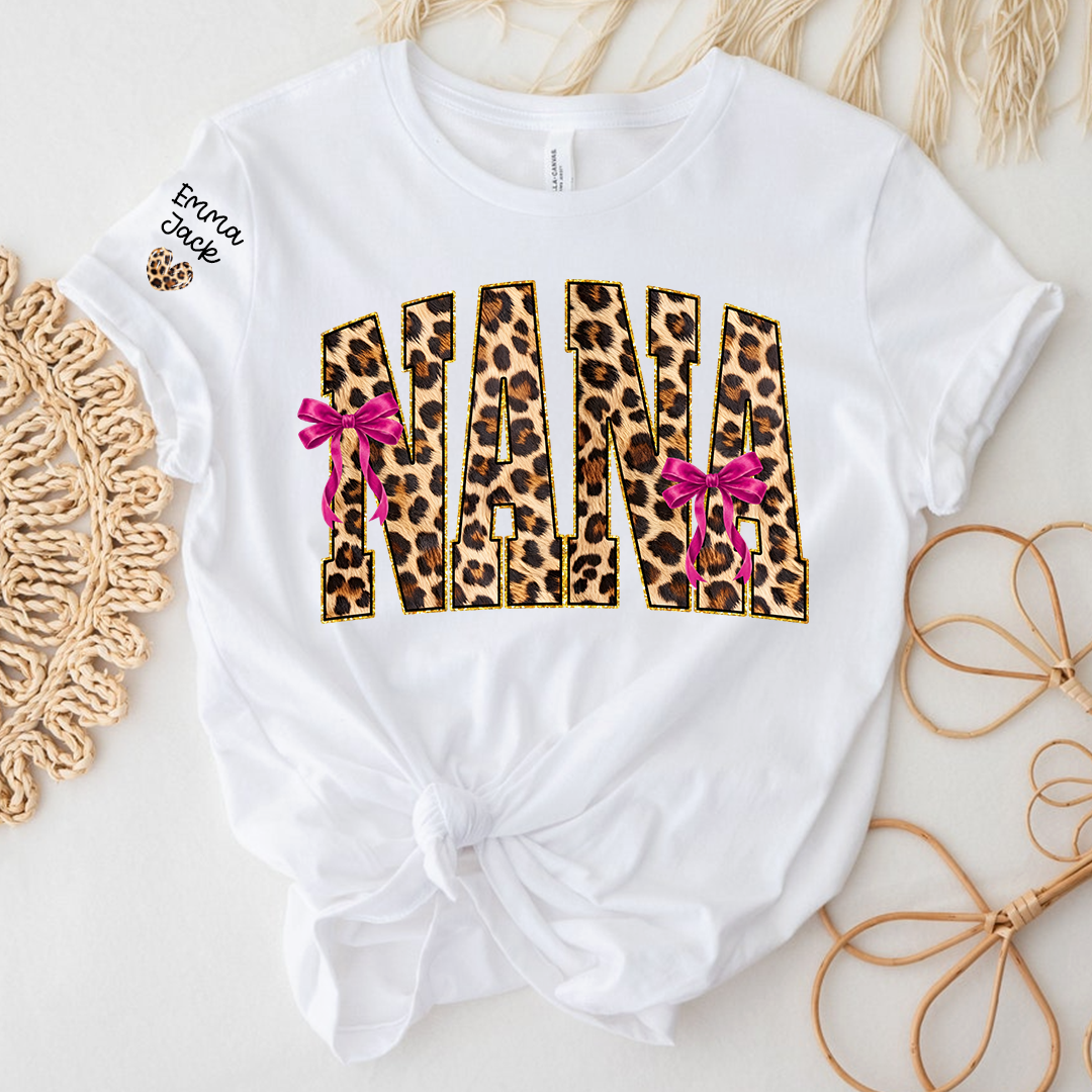 Custom Nana Shirt, Leopard Print And Bow Gift for Mimi Grandma And Kids