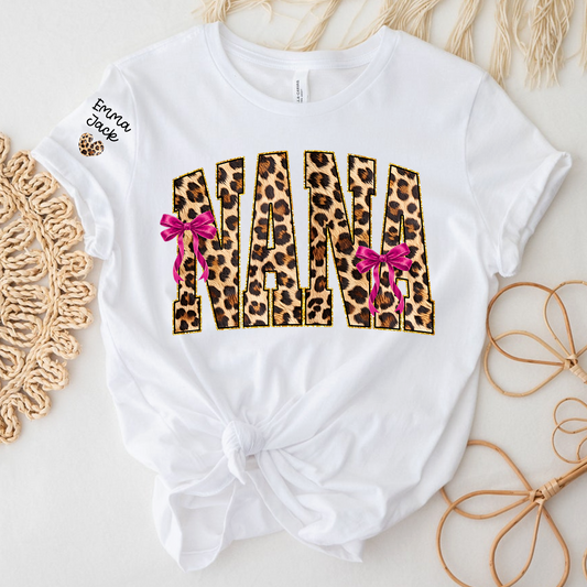 Custom Nana Shirt, Leopard Print And Bow Gift for Mimi Grandma And Kids