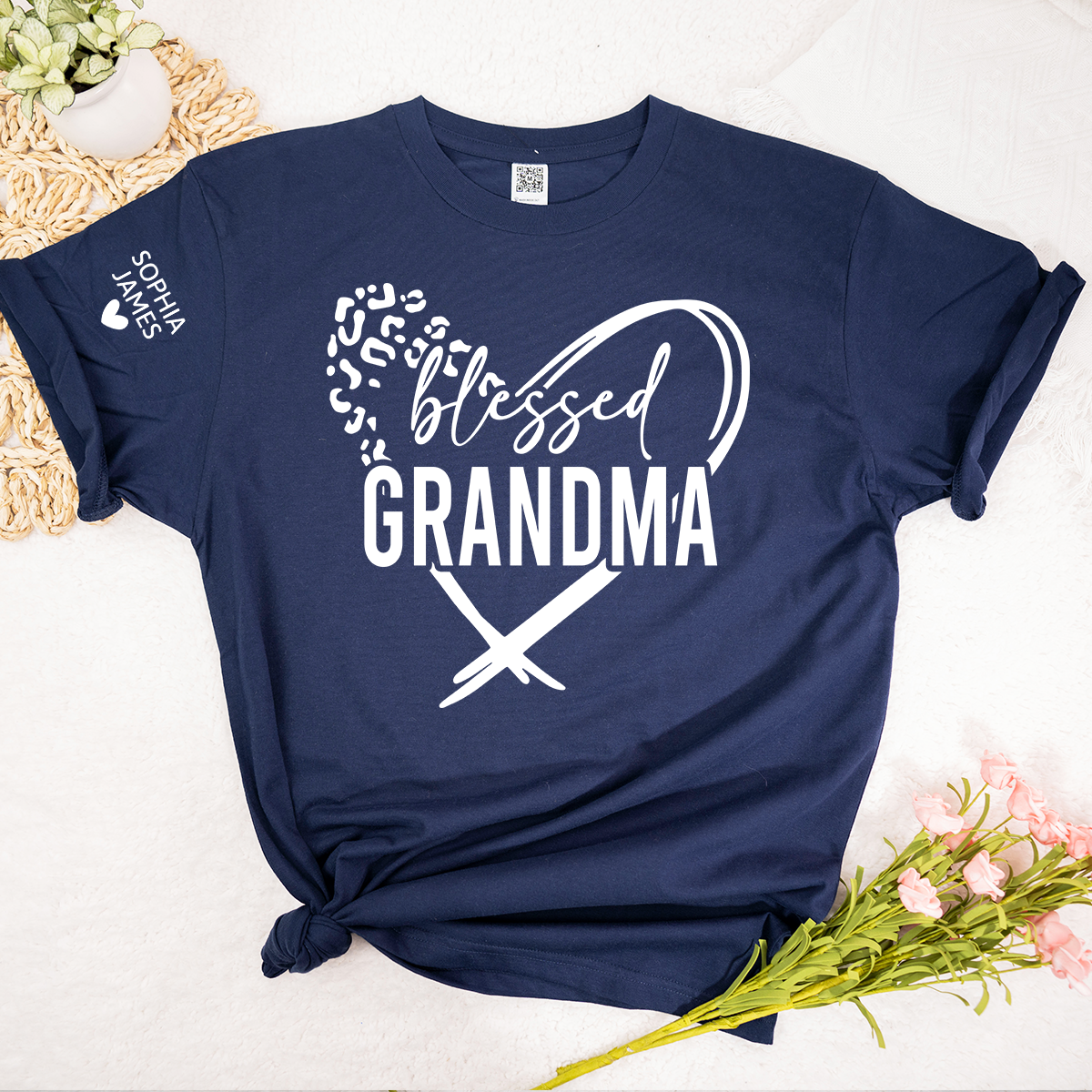 Blessed Grandma Shirt, Leopard Print Heart Design T-Shirt, Custom Grandma Apparel for Her, Sentimental Family Gift