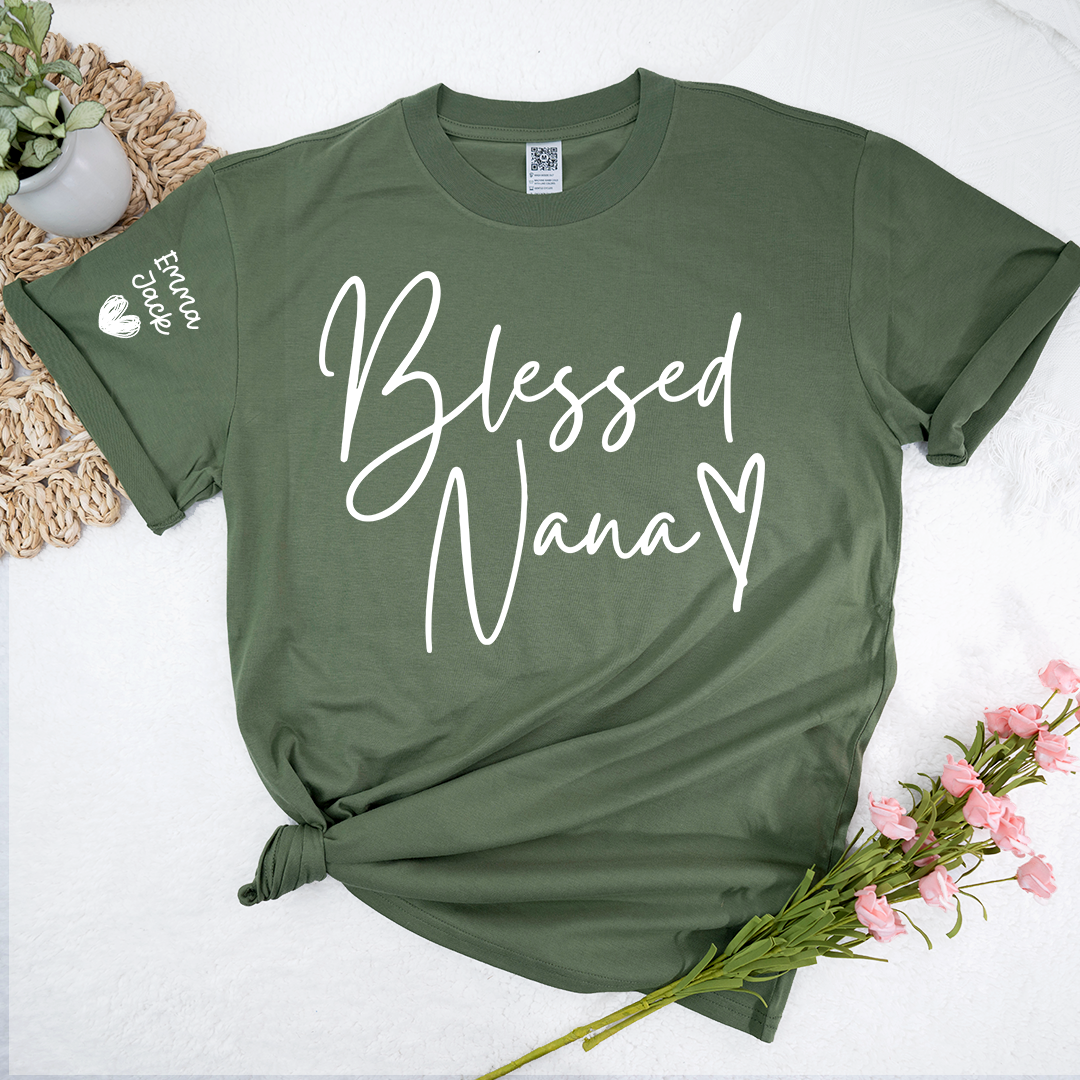 Blessed Nana Personalized T-Shirt, Custom Family Names Tee with Heart Design