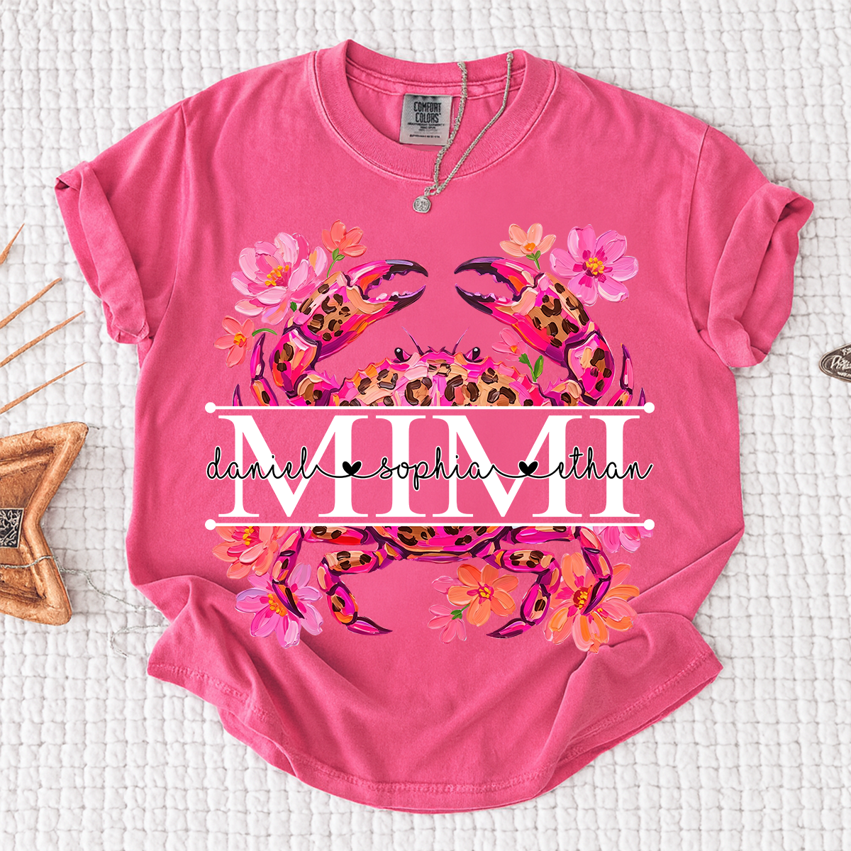 Comfort Colors® Personalized Mimi Crab Shirt with Grandkids Names, Custom Grandma Tee, Floral Leopard Beach Design T Shirt for Mimi Gift