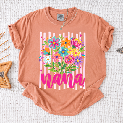 Comfort Colors® Custom Striped Wildflowers Nana Shirt, Trendy Ditsy Floral Gift for Grandma And Kids