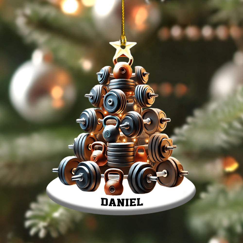 Personalized Gym Ornament 2025 – Custom Name Dumbbell Christmas Tree Ornament, Gift for Fitness Lovers Ornament