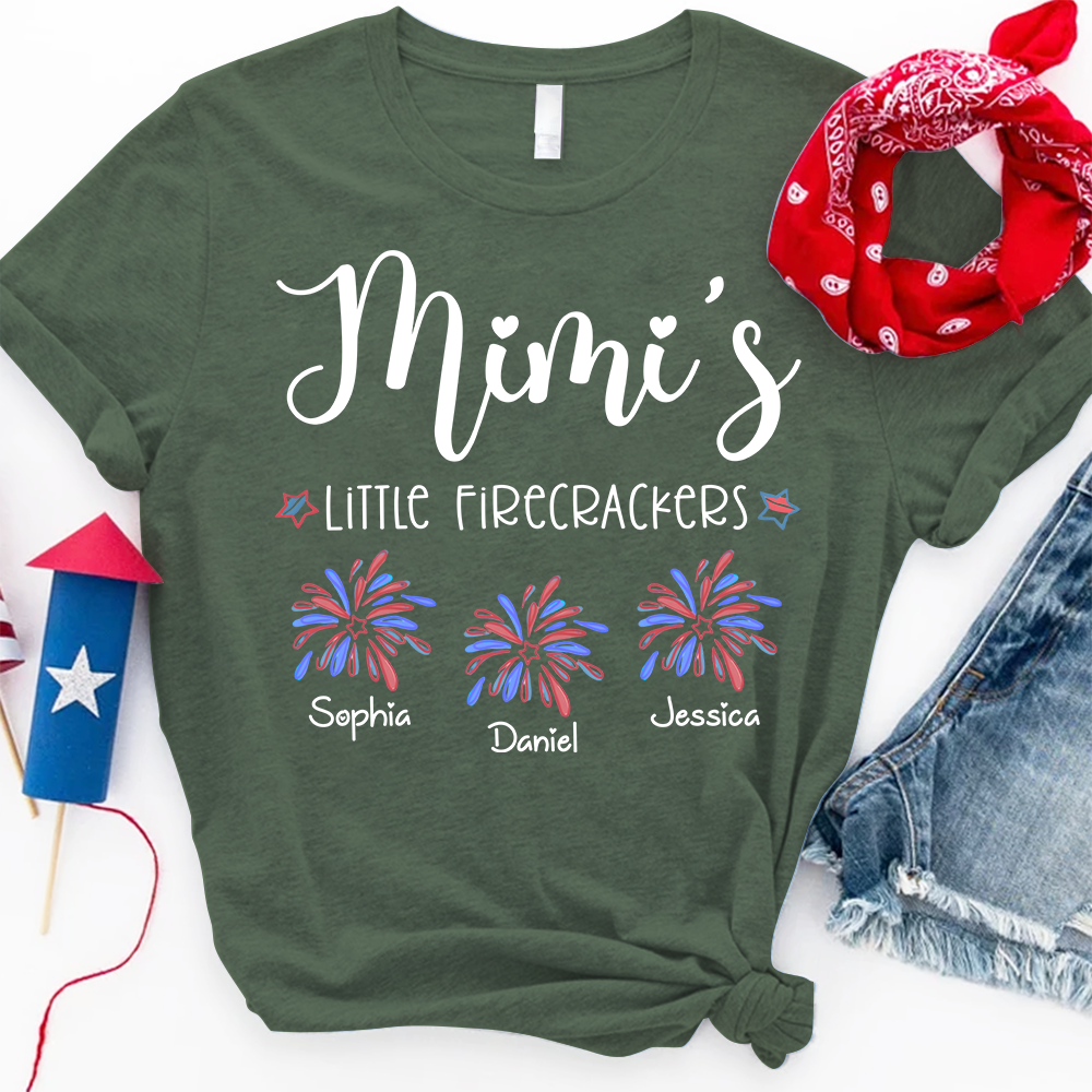 Mimi’s Little Firecrackers T Shirt, Custom Names with Firework Graphic, Great Gift for Grandma on 4th of July or Birthday