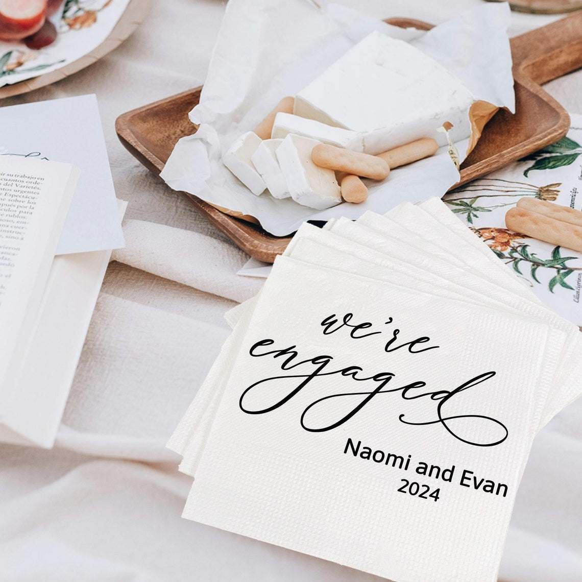 We're Engaged Napkins Engagement Party Decorations Custom Wedding Napkins Cocktail With Name Napkins Rehearsal Dinner Custom Wedding Napkins