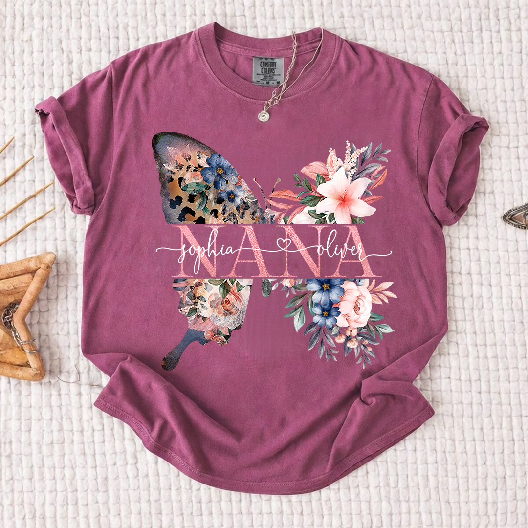 Comfort Colors Personalized Nana Shirt with Floral Butterfly Design Custom Name Grandma Mimi Gigi Family Tee Unique Grandkids Names Gift for Her