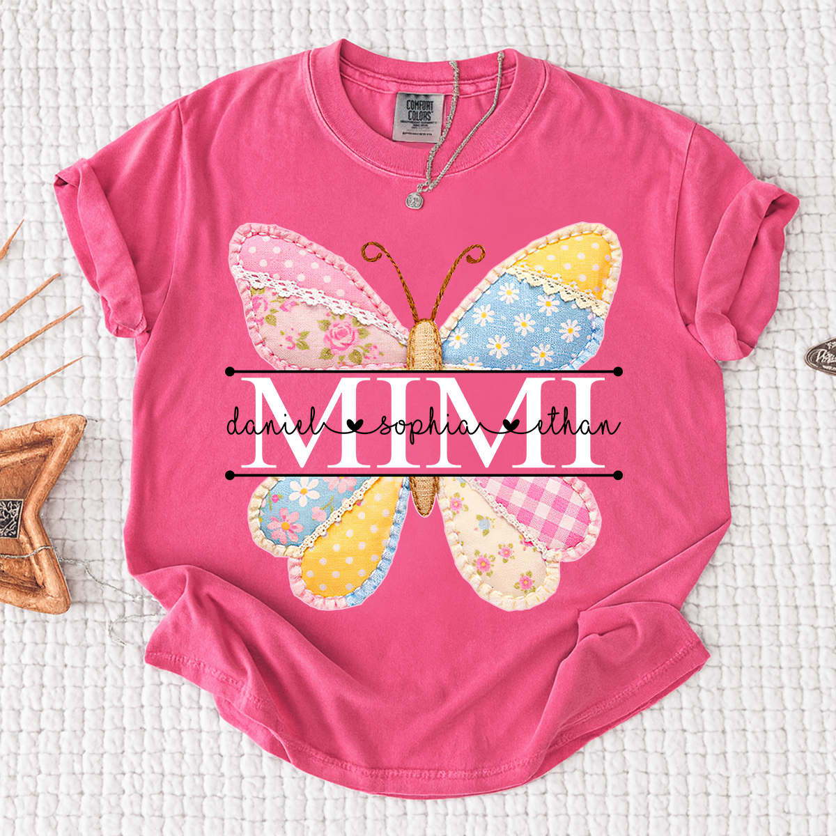 Comfort Colors Vibrant Mimi Shirt with Pink and Yellow Butterfly Patchwork, Custom Grandkids Names