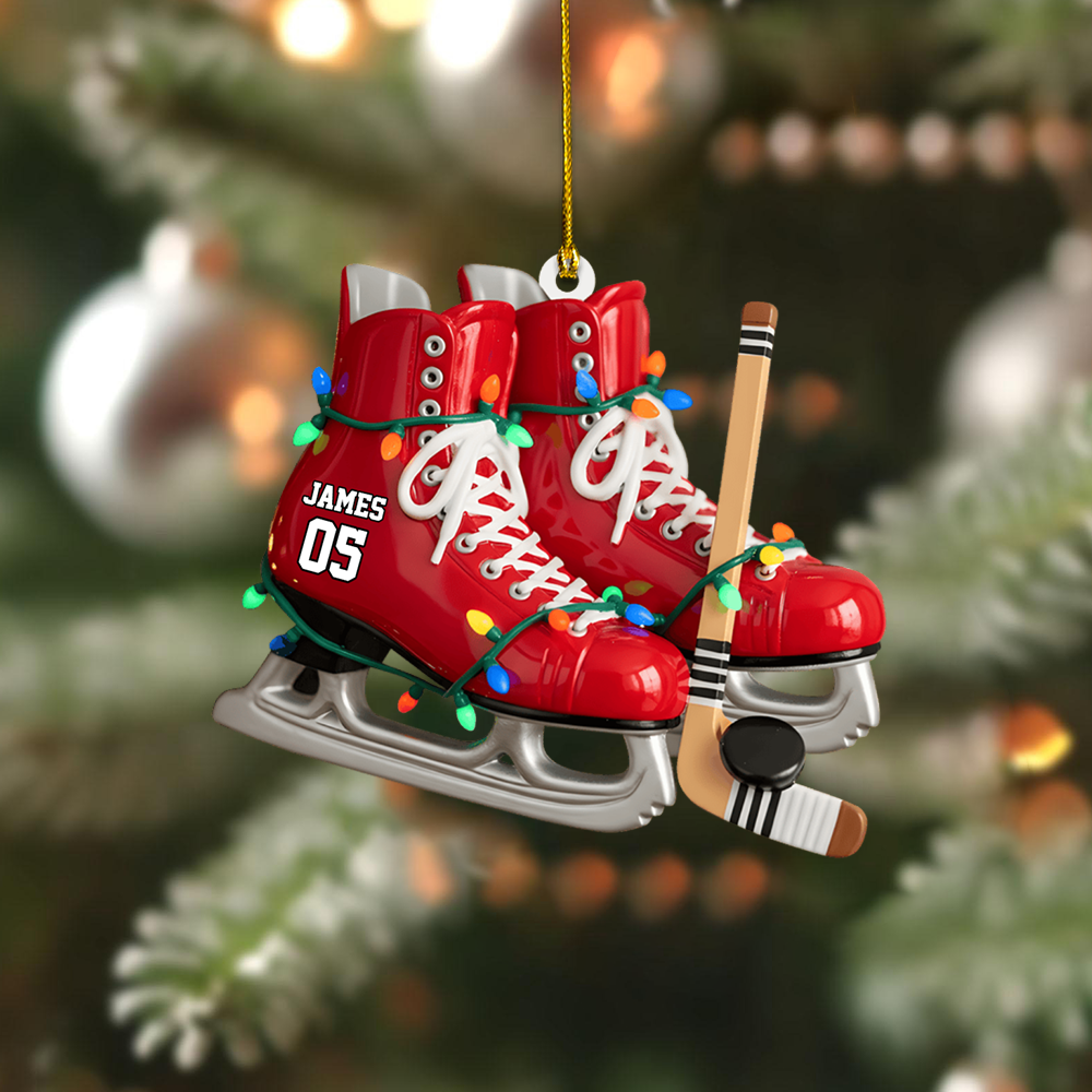 Personalized Hockey Skate Ornament – Custom Name & Number Ice Hockey Christmas Decoration Ornament