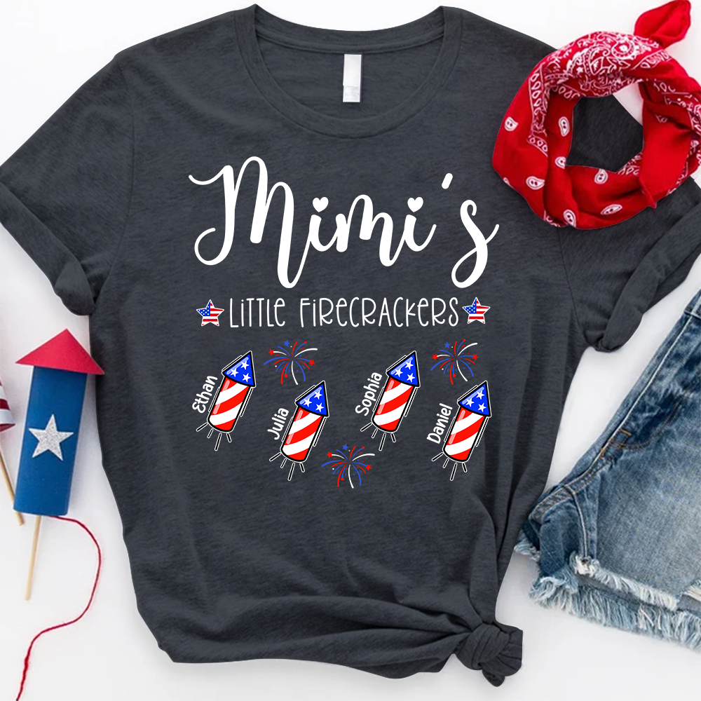 Custom Mimi Little Firecrackers Shirt, Children Names Personalized, Patriotic Stars Rockets Graphic, Family Matching Independence Day Apparel