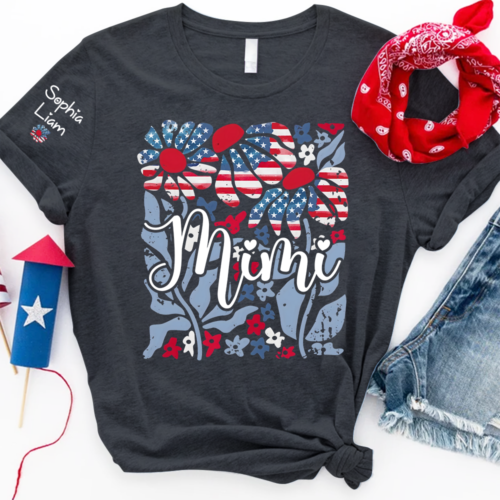 Custom Mimi Shirt with Patriotic Flowers and American Flag, Personalized Gift for Mom, Mother's Day T Shirt