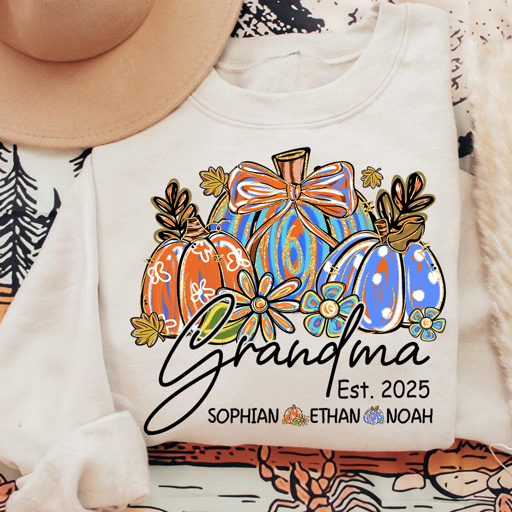 Fall Pumpkin Print Sweatshirt with Pumpkin Brush Pattern, Custom Gifts for Grandma and Grandchild