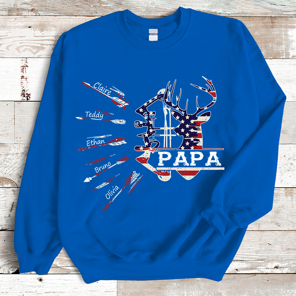 Papa Bow Hunting USA Flag Personalized Grandpa Sweatshirt