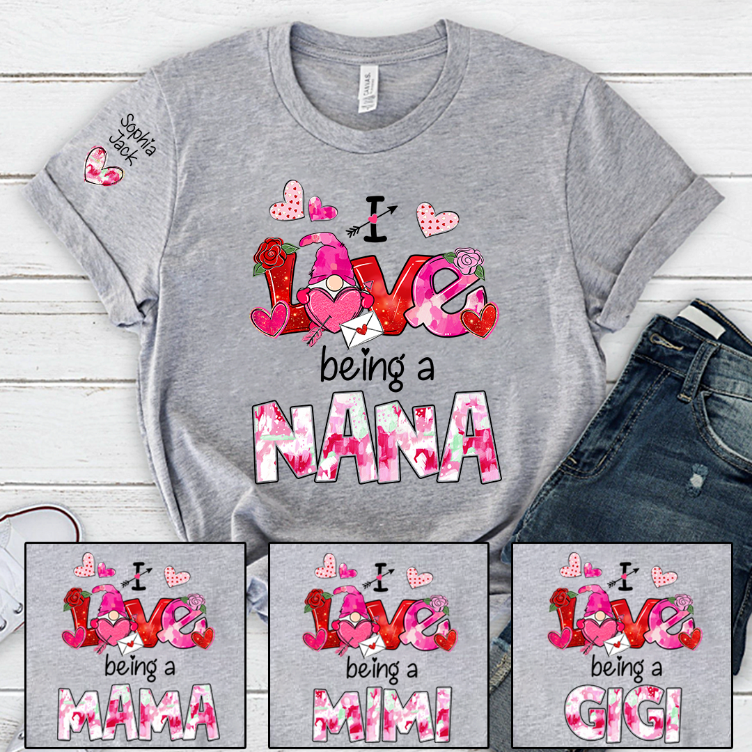Personalized I Love Being A Nana Valentine T-shirt, Cute Bow and Strawberry Design for Grandma and Kids