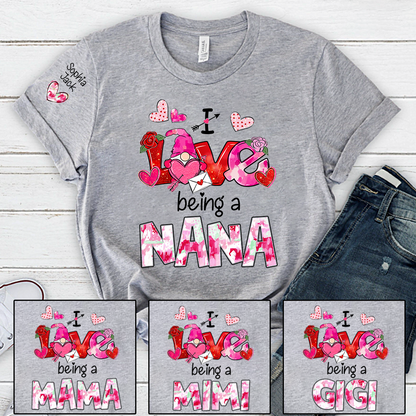 Personalized I Love Being A Nana Valentine T-shirt, Cute Bow and Strawberry Design for Grandma and Kids