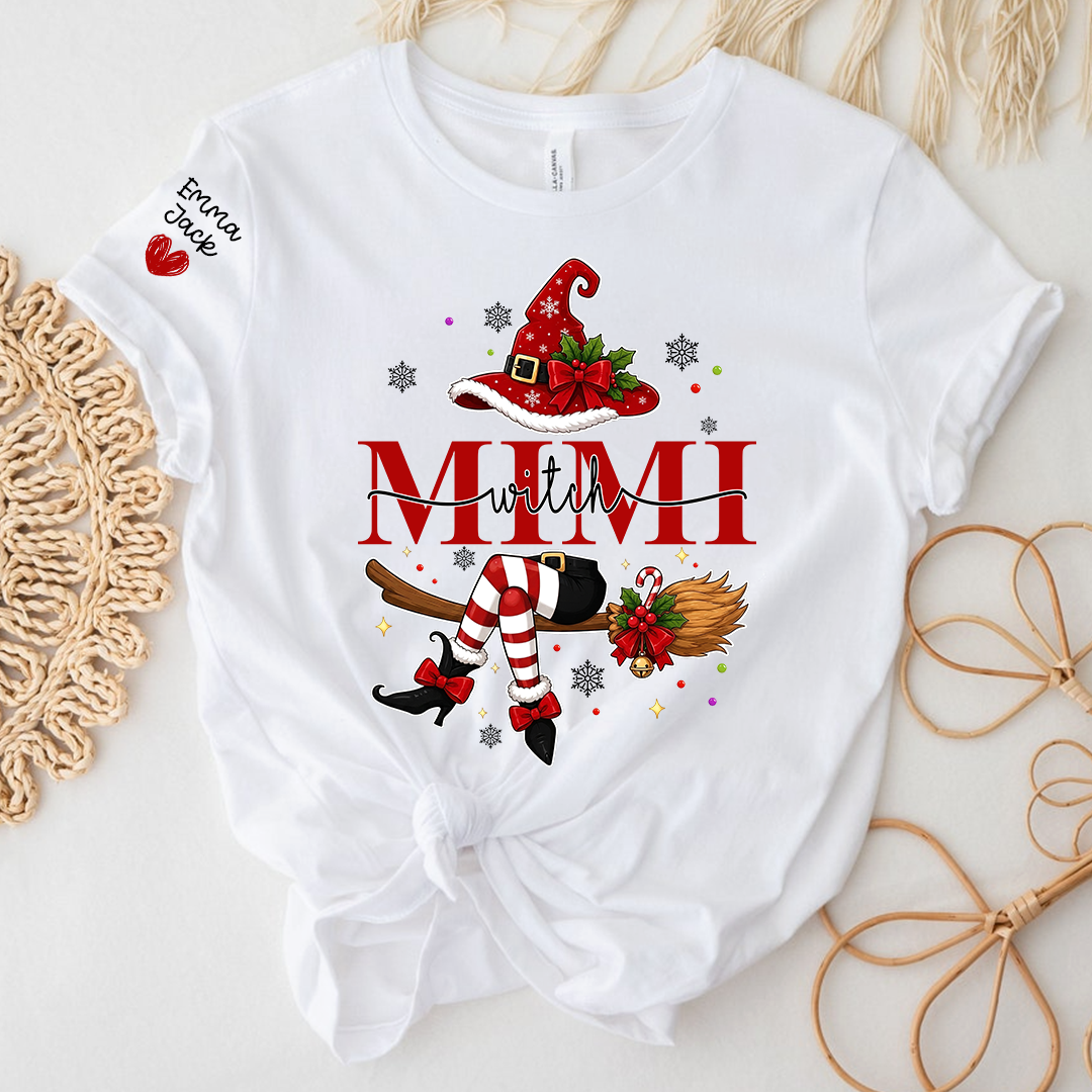 Mimi Christmas Shirt for Women, Cute Holiday Santa Witch Design Tee, Personalized Grandma Family Gift T Shirt