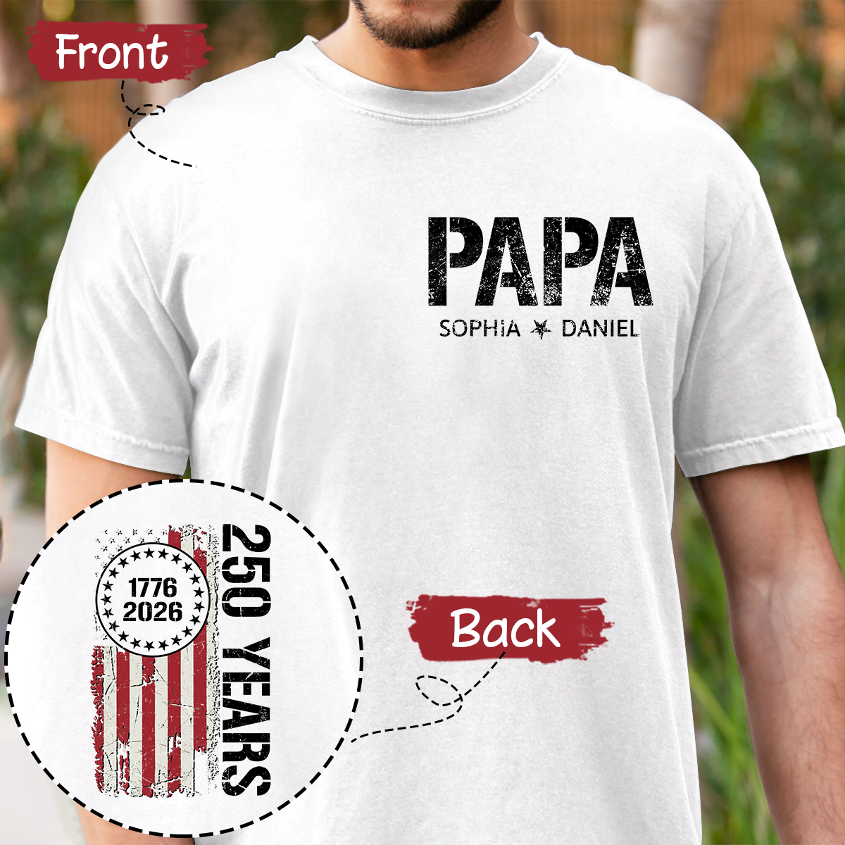 Personalized Papa T Shirt, Custom Family Names with Patriotic 250 Years of America Design, Perfect Gift for Father's Day