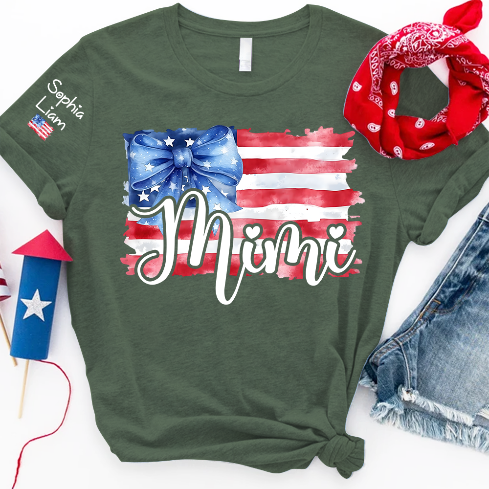 Personalized Mimi American Flag T Shirt with Blue Bow, Custom Mom Gift for Independence Day