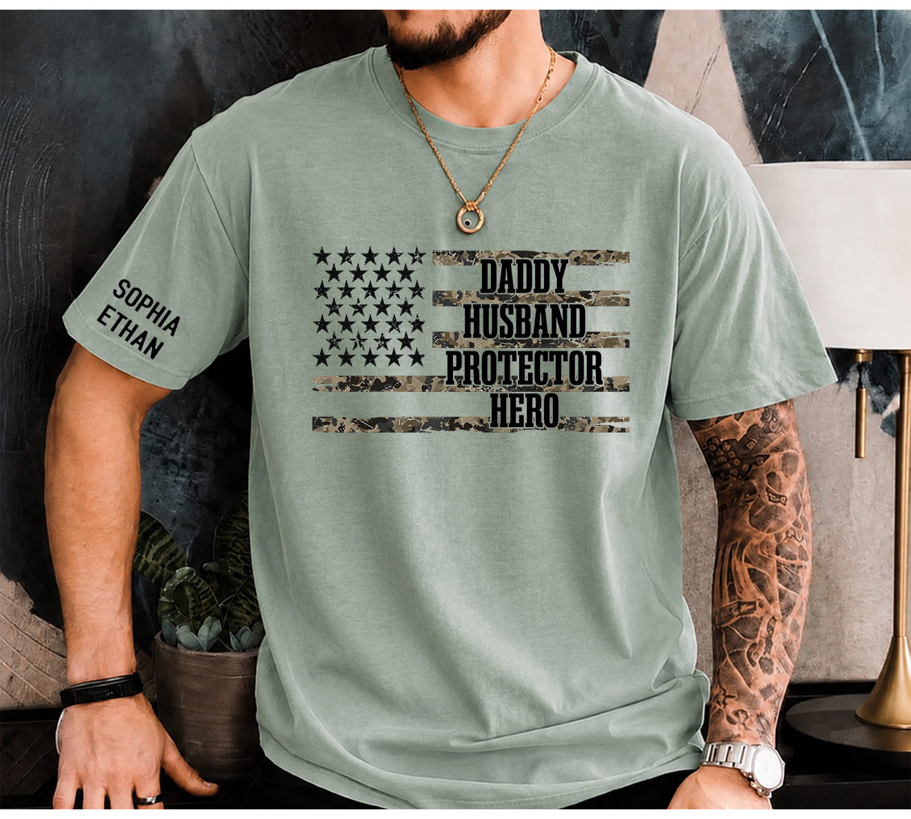 Custom Daddy Husband Protector Hero Shirt, Personalized Dad Shirt with Kids Names, Camo USA Flag Father’s Day Gift