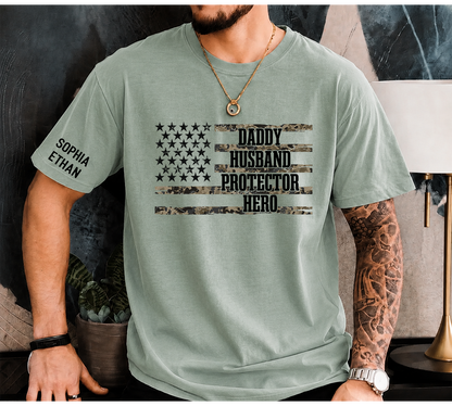 Custom Daddy Husband Protector Hero Shirt, Personalized Dad Shirt with Kids Names, Camo USA Flag Father’s Day Gift