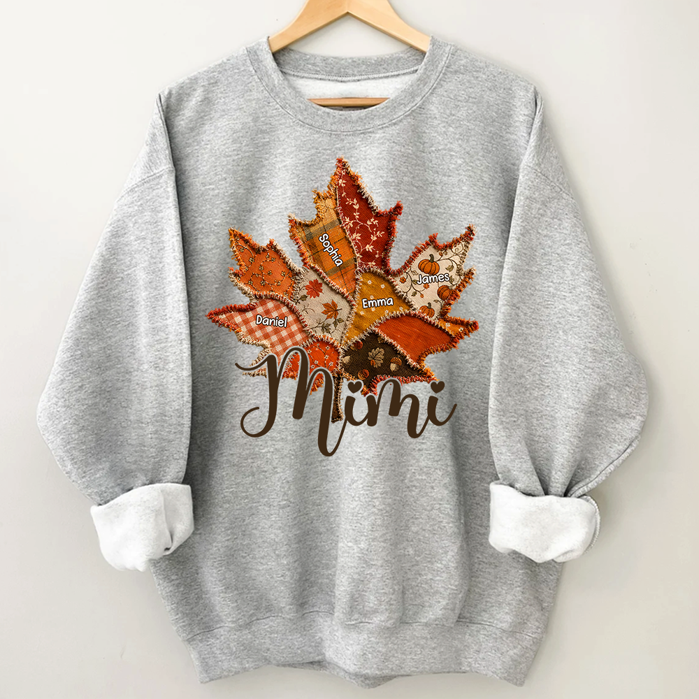 Personalized Mimi Fall Sweatshirt, Custom Grandkids Names Leaf Patchwork Sweatshirt, Autumn Grandma Gift, Cozy Thanksgiving Outfit