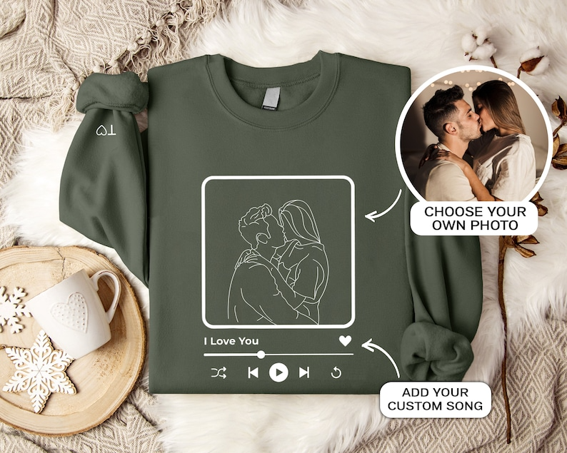 Custom Couple Portrait Sweatshirt, Portrait Outline from Photo Sweatshirt, Name on Sleeve Sweater, Personalized Couple Gift, Valentine Gifts Hoodie, Sweatshirt Hoodie