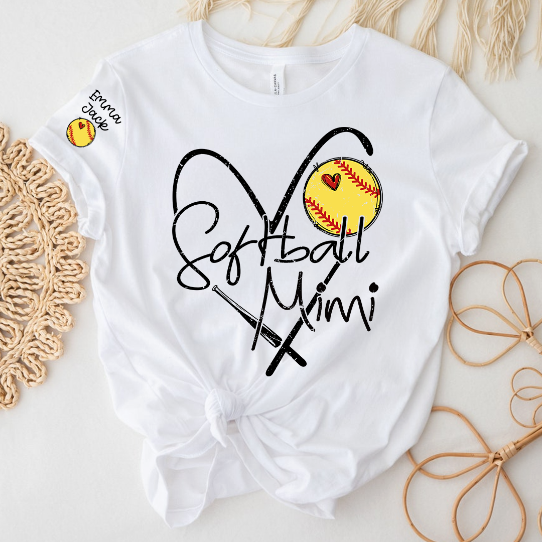 Softball Mimi Shirt Personalized with Grandkids Names, Heart and Bat Sports Family T Shirt