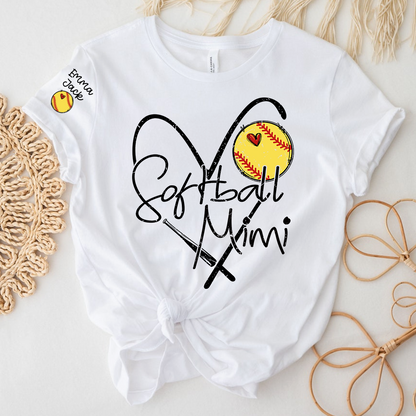 Softball Mimi Shirt Personalized with Grandkids Names, Heart and Bat Sports Family T Shirt