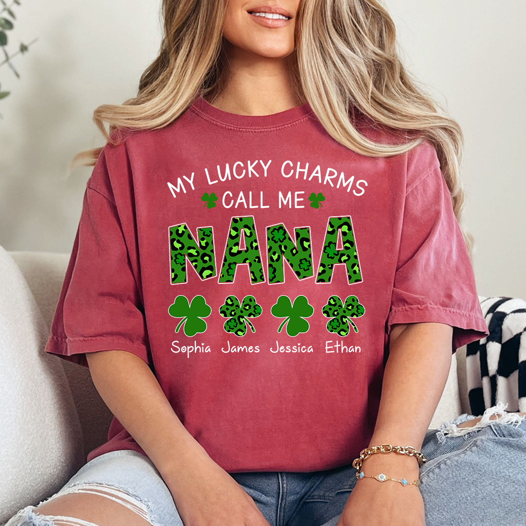 My Lucky Charms Call Me Nana Personalized Shirt, Custom Grandma Name Shirt With Kids Names, St Patrick’s Day Irish Theme Gift