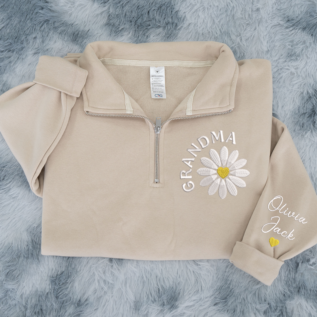 Grandma Embroidered Daisy Quarter Zip Sweater – Personalized With Grandchildren Names Gift