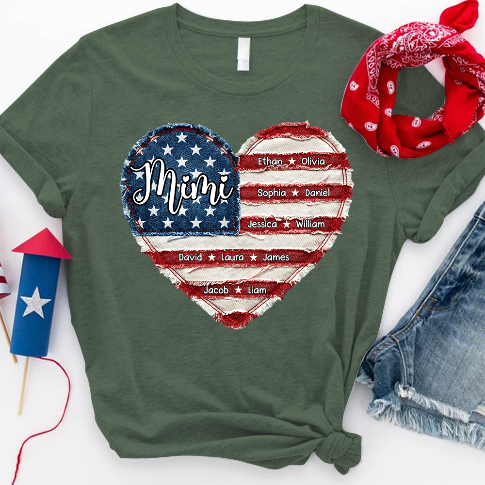 Personalized Mimi Shirt, Custom Family Names T Shirt, American Flag Heart Design, Patriotic Gift for Mimi