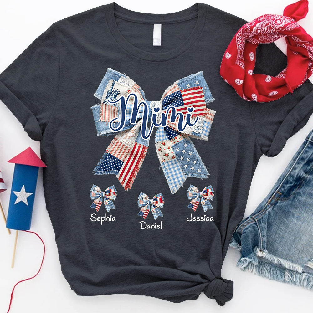 Custom Mimi Tee with Children’s Names, Patriotic Patchwork Bow Shirt, Perfect Gift for Grandma Holidays or Birthday